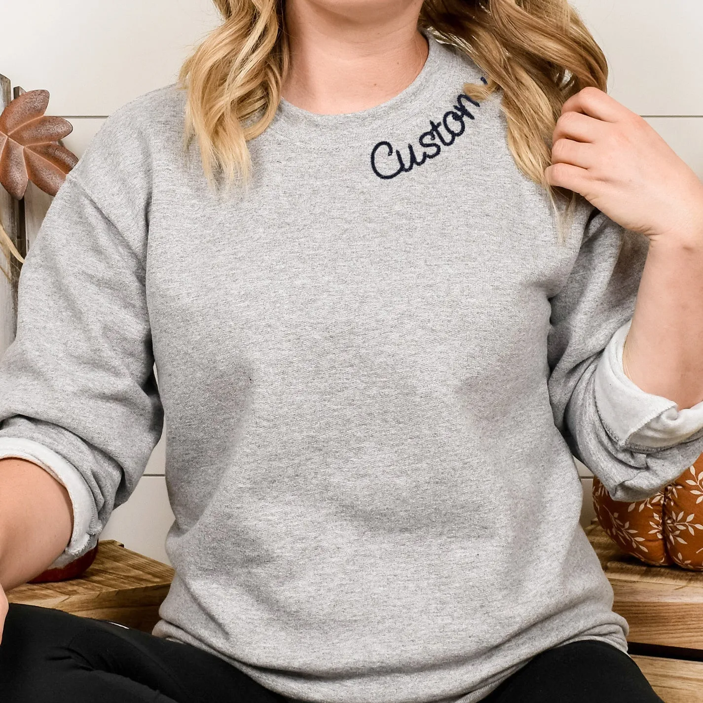 Ash Gray Custom Embroidered Crewneck Sweatshirt - Personalized Chain Stitch