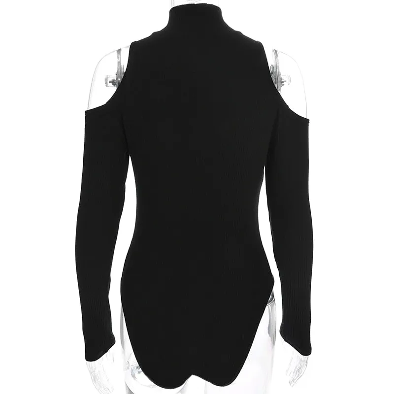 Autumn Black Long Sleeve Bodysuit Winter Elegant Turtleneck Body Femme Sexy Strapless Hollow Out Bodycon Bodysuits