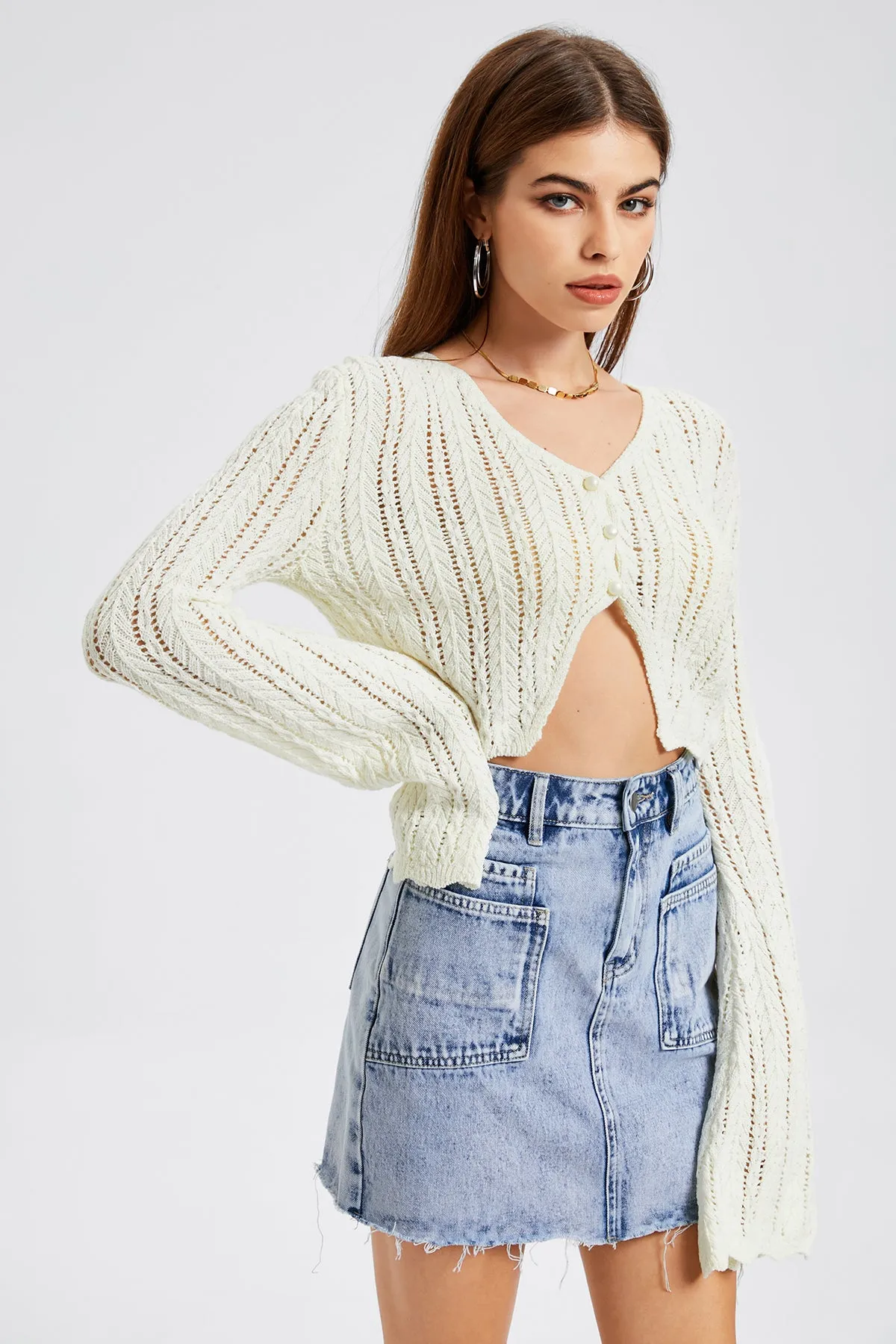 Button Front Scallop Flounce Sleeve Cardigan