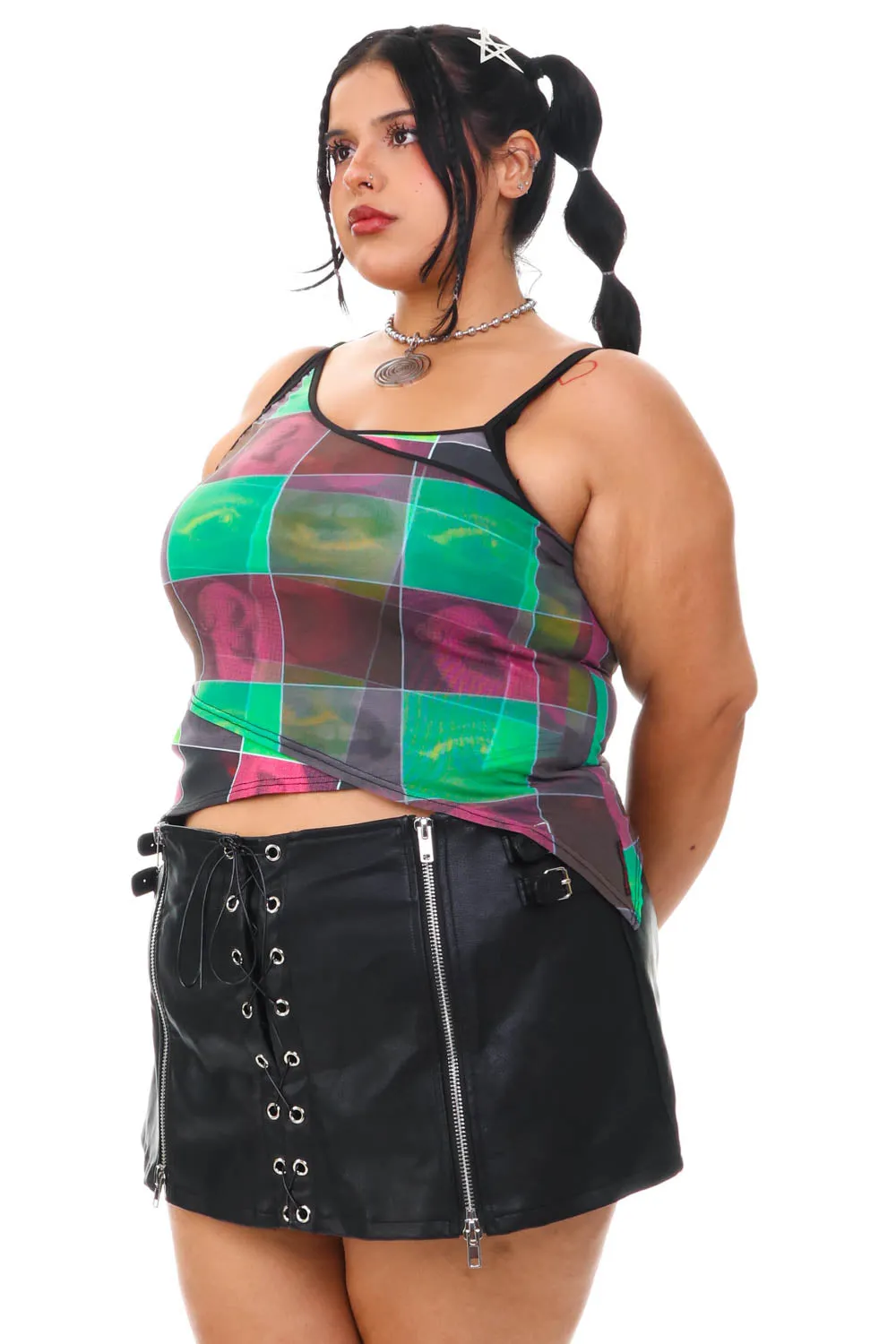 Disco Grid Print Criss-Cross Layer Top