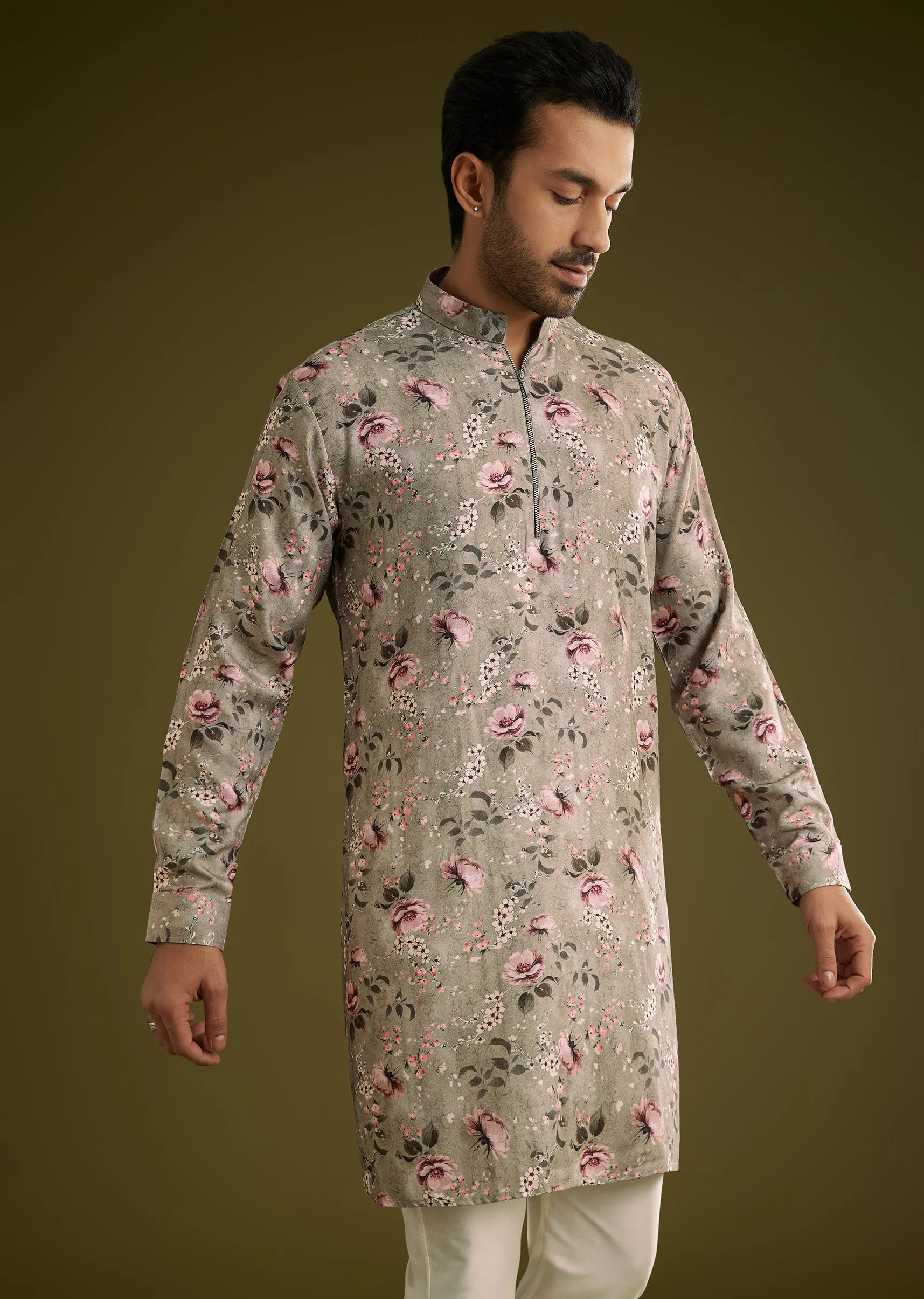 Grey Printed Kurta Set In Russian Silk With Zipper