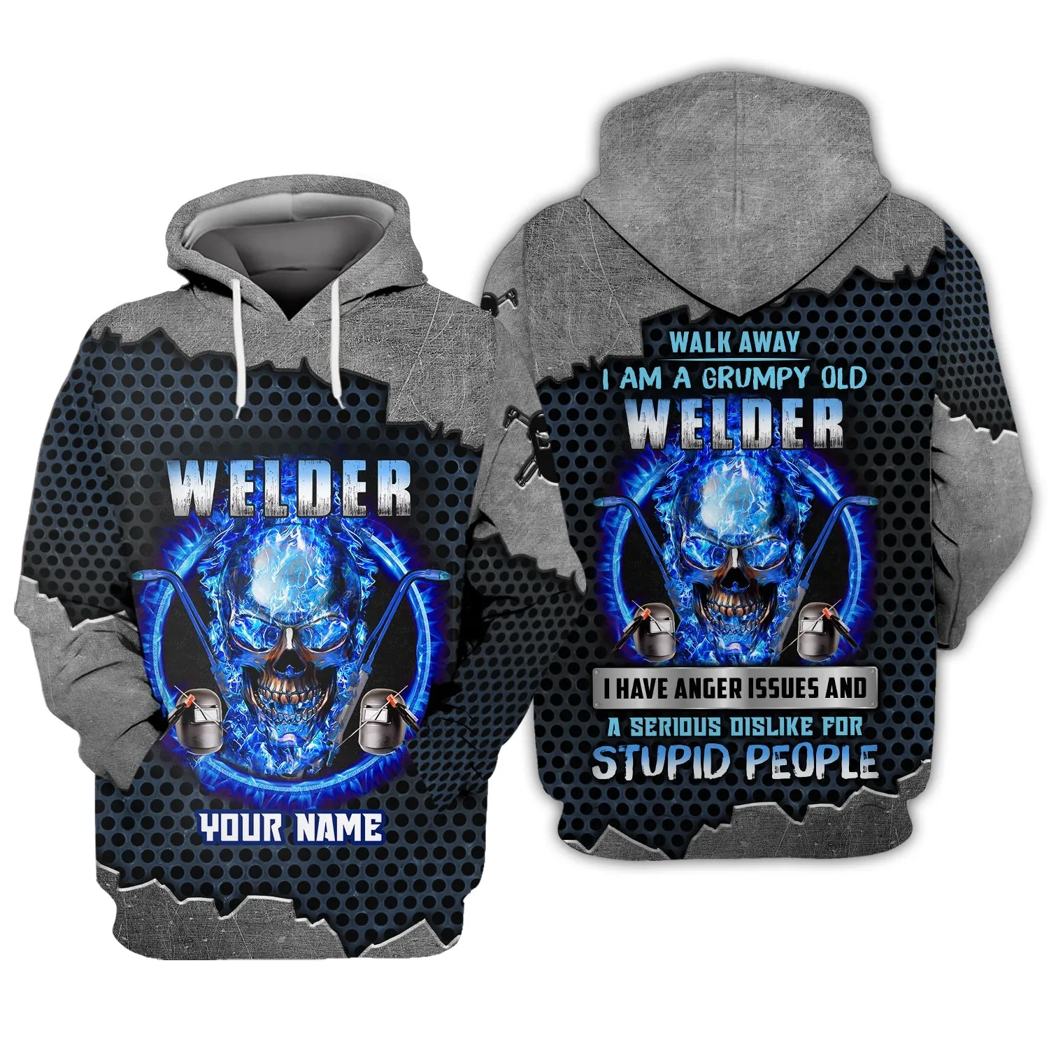 Grumpy Old Welder Skull Fire Metal 3D Sweatshirt Bomber Personalized Name Welder Christmas Shirt