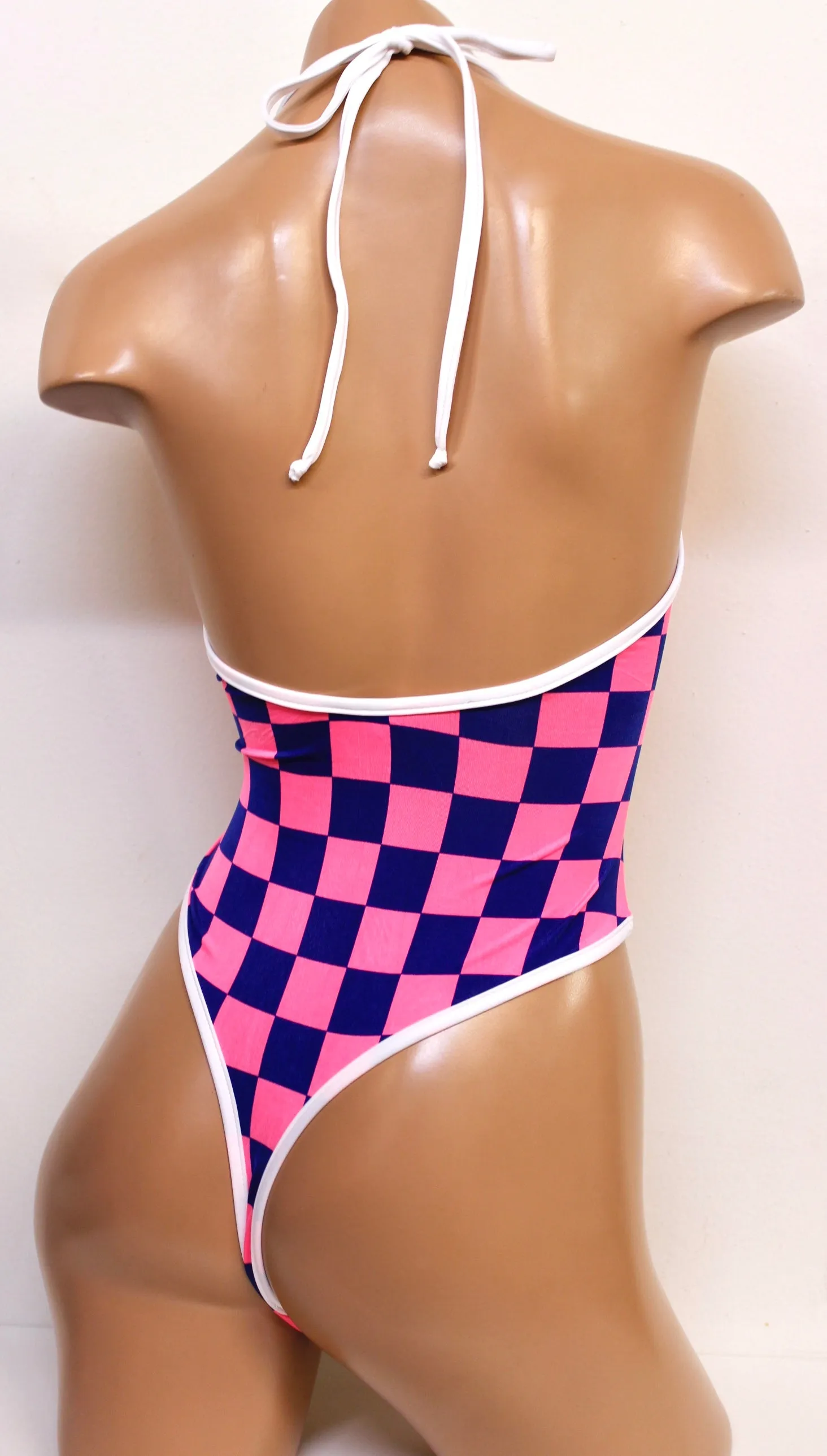 High Cut Halter Bodysuit in Pink and Blue Checkers