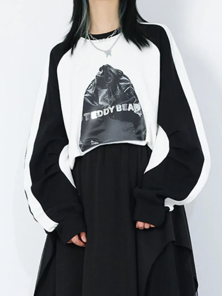 Hit Color Sweatshirts For Women O Neck Long Sleeves Pullover Patchwork Print Loose Sweatshirt Female Fashion