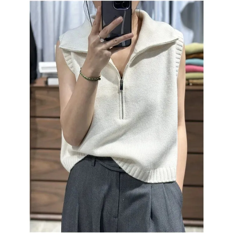 Hnzxzm European Fashion 100% Pure Cashmere Vest Women's Half Zip Turtleneck Pullover Sleeveless Knit Sweater Clip