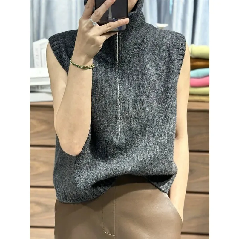 Hnzxzm European Fashion 100% Pure Cashmere Vest Women's Half Zip Turtleneck Pullover Sleeveless Knit Sweater Clip