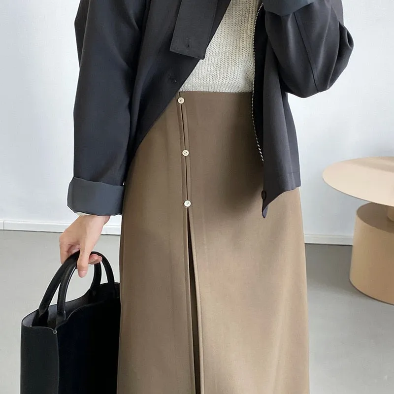 [Korean Style] 3 Colors Minimalistic 3 Buttons Front Slit Long skirt