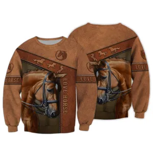 Love Horse Brown Leather 3D Full Printed Sweatshirt Hoodie Christmas Shirt