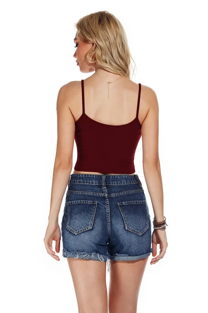 Sleeveless V Neck Casual Ribbed Knit Cami Crop Top
