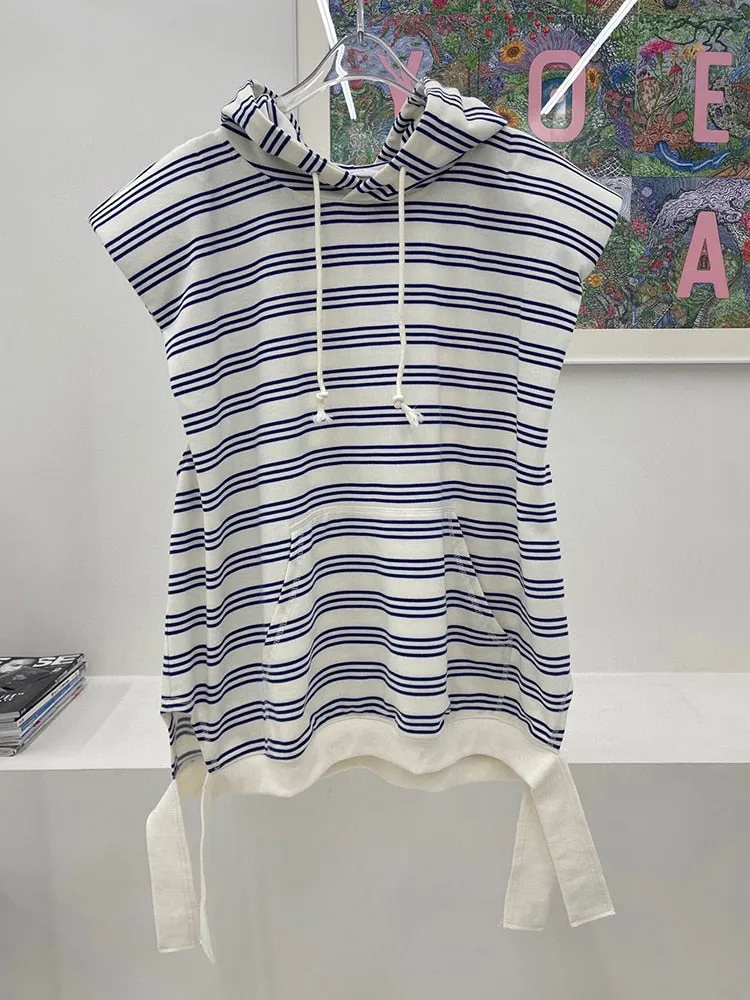 Striped Sweatshirt For Women Hooded Collar Sleeveless Colorblock Loose Vest Sweatshirts Female Summer Clothing
