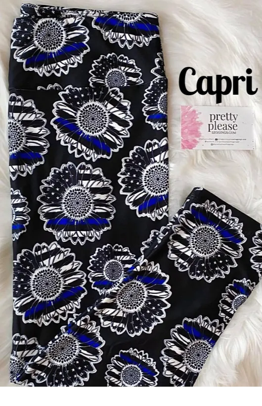 Thin Blue Line Sunflower CAPRI LEO Police Super SOFT Yoga Band Leggings rts